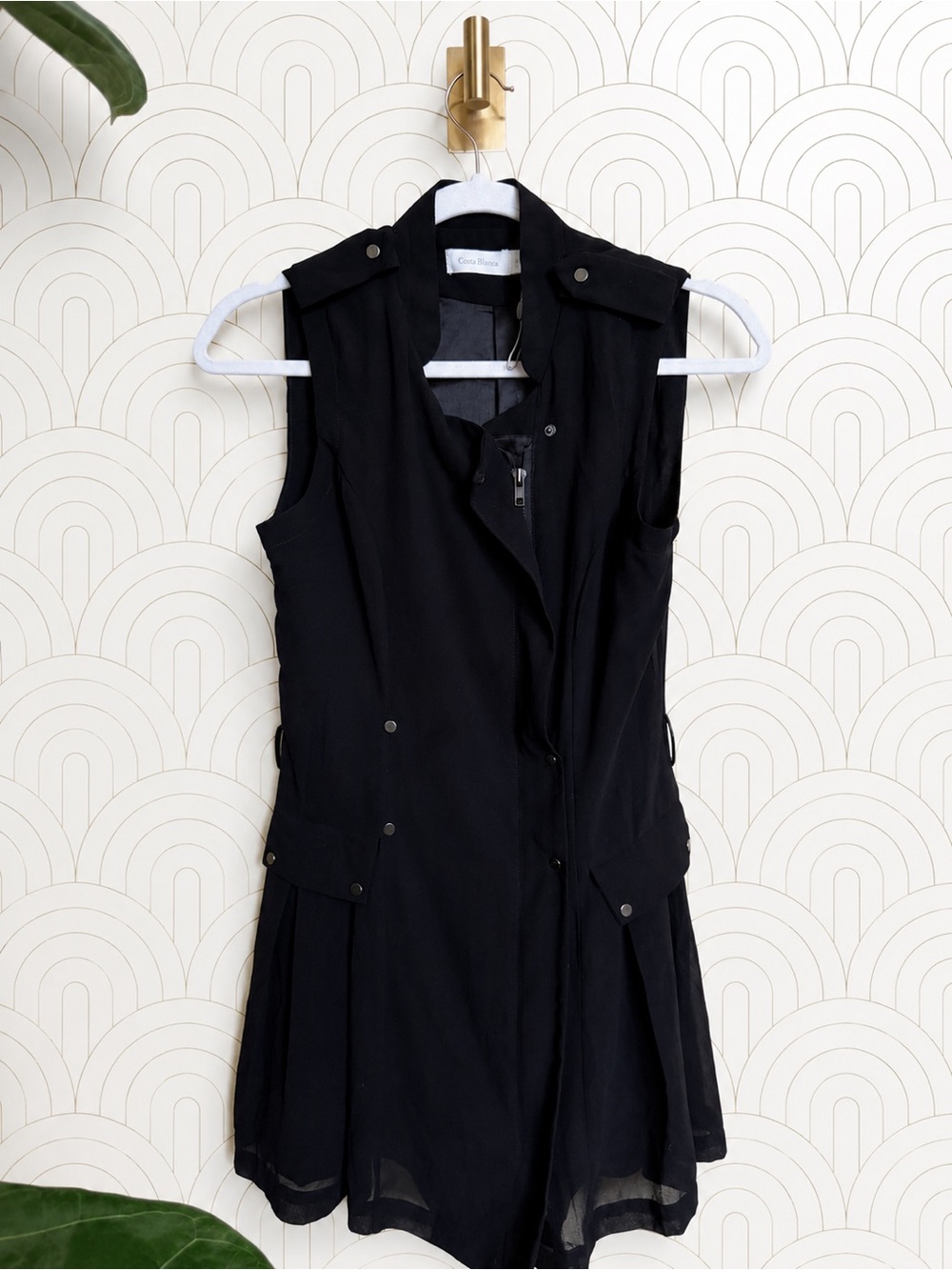 Costa Blanca Black Sleeveless Utility Dress with Gold-Tone Snap Details
